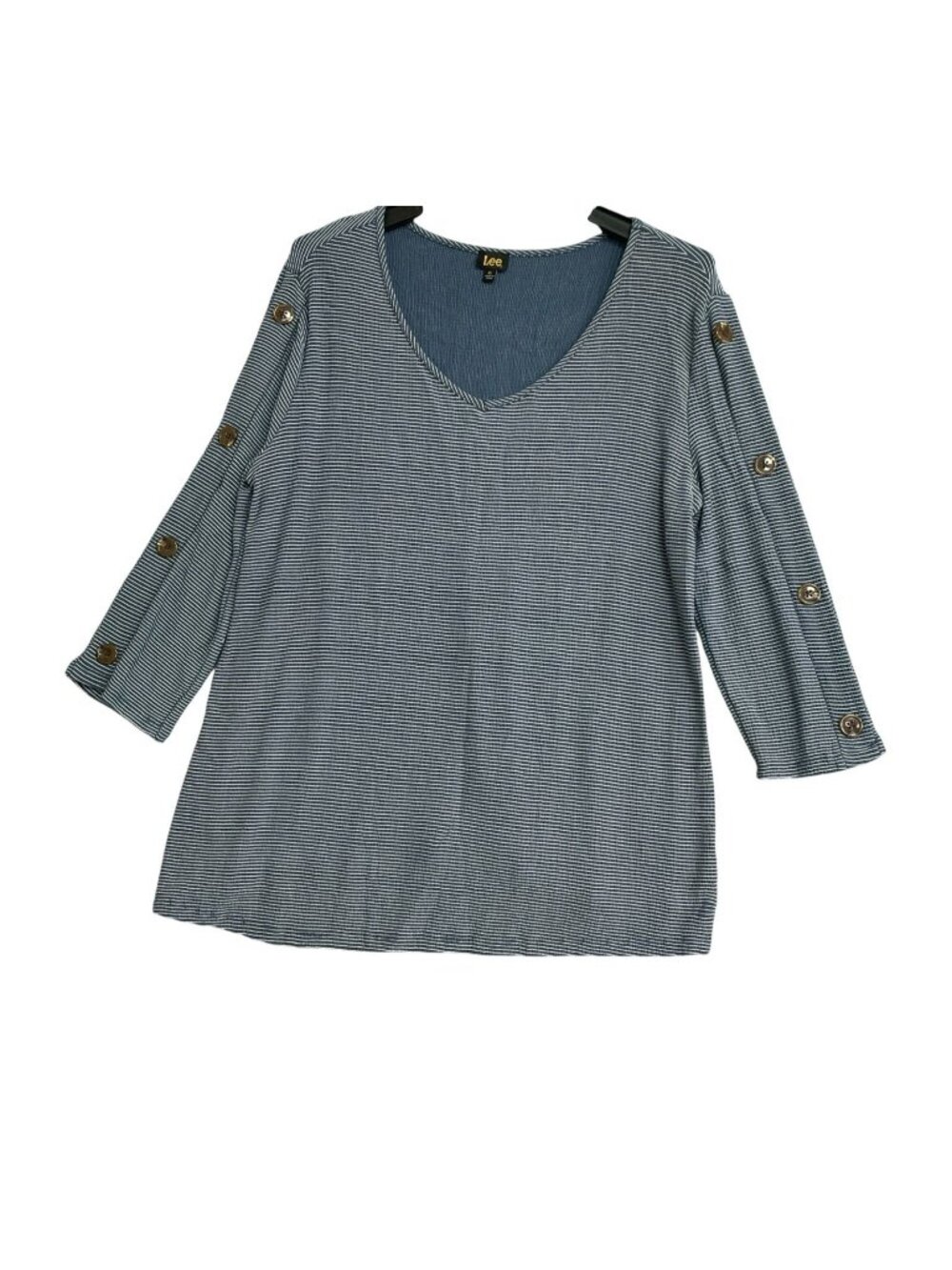 Lee Women's XL Blue Striped 3/4 Sleeve Button Detail Knit Top B1068